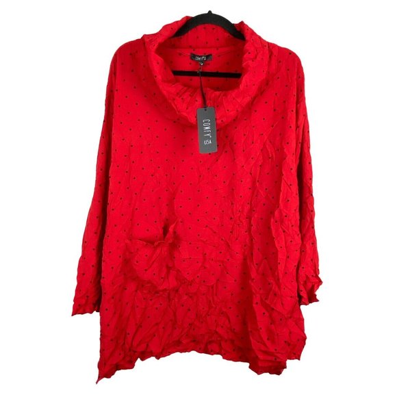 COMFY USA Oversized Red & Black Polka Dot Cowl Neck Tunic Medium Tunic Crinkle